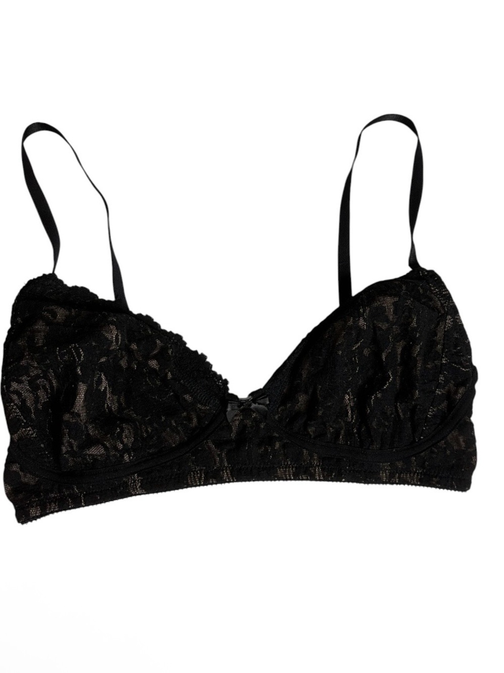 Vintage Hanky Panky nylon black with nude lace lined bra size 36D
